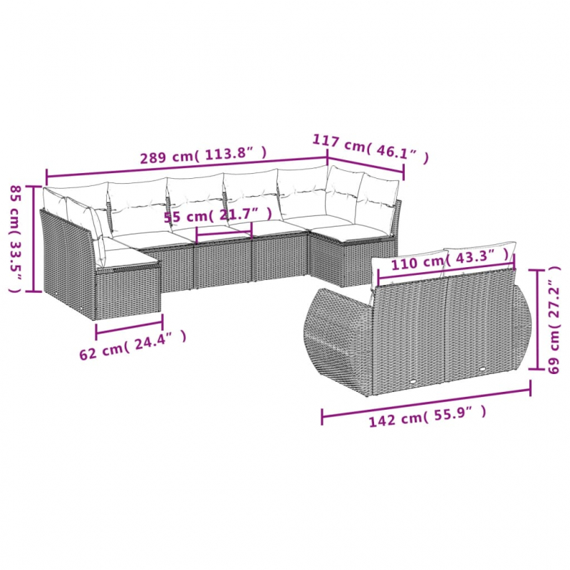 9-tlg. Garten-Sofagarnitur mit Kissen Beige Poly Rattan