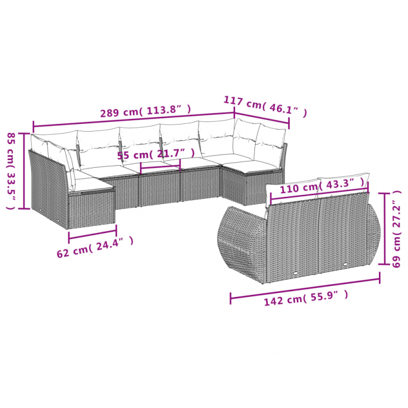 9-tlg. Garten-Sofagarnitur mit Kissen Grau Poly Rattan