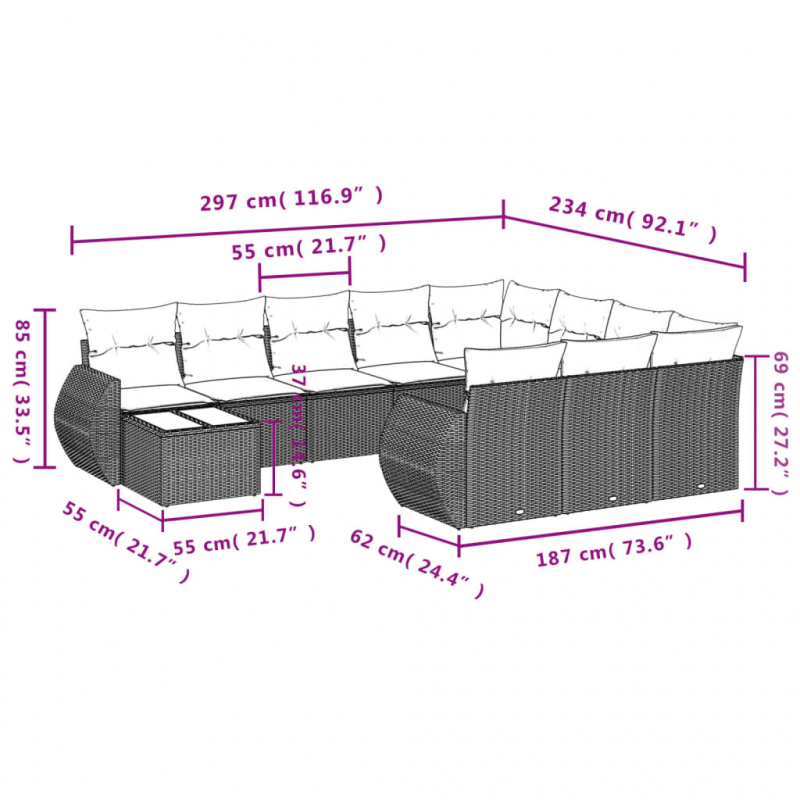 11-tlg. Garten-Sofagarnitur mit Kissen Hellgrau Poly Rattan