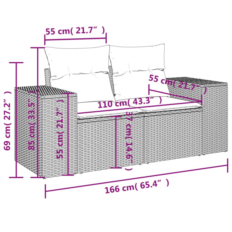 3-tlg. Garten-Sofagarnitur mit Kissen Hellgrau Poly Rattan