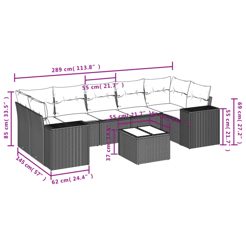 8-tlg. Garten-Sofagarnitur mit Kissen Grau Poly Rattan