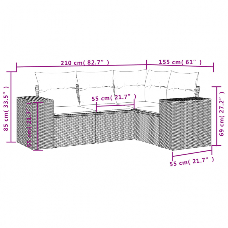 4-tlg. Garten-Sofagarnitur mit Kissen Schwarz Poly Rattan
