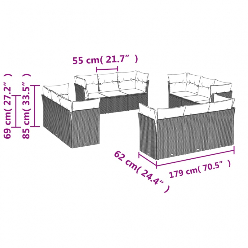 12-tlg. Garten-Sofagarnitur mit Kissen Schwarz Poly Rattan