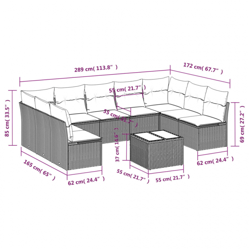 10-tlg. Garten-Sofagarnitur mit Kissen Schwarz Poly Rattan