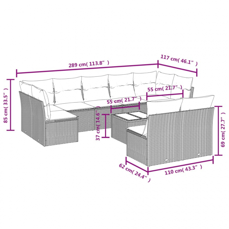 10-tlg. Garten-Sofagarnitur mit Kissen Grau Poly Rattan