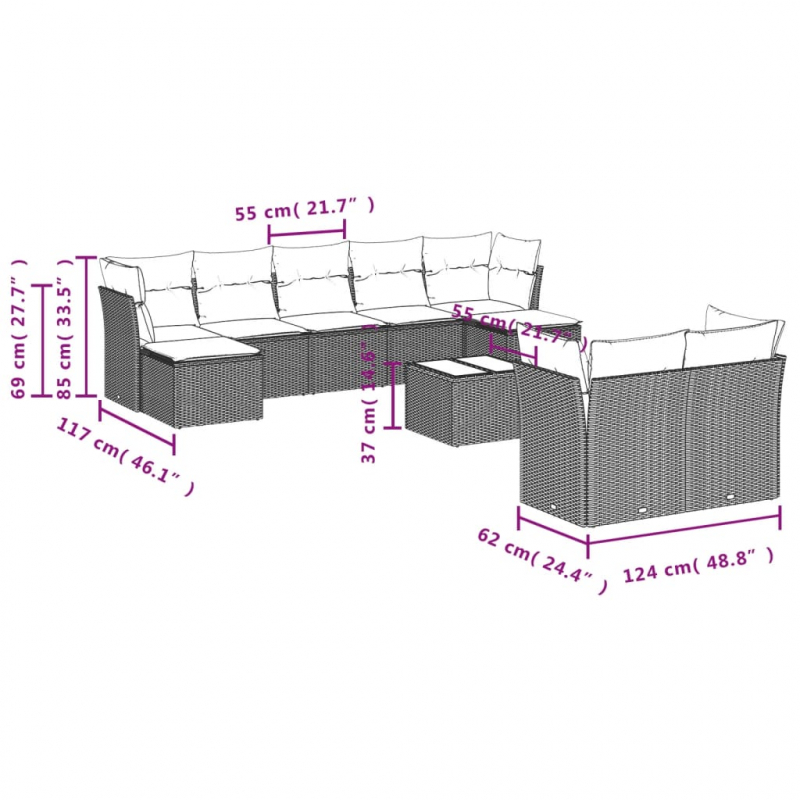 10-tlg. Garten-Sofagarnitur mit Kissen Schwarz Poly Rattan