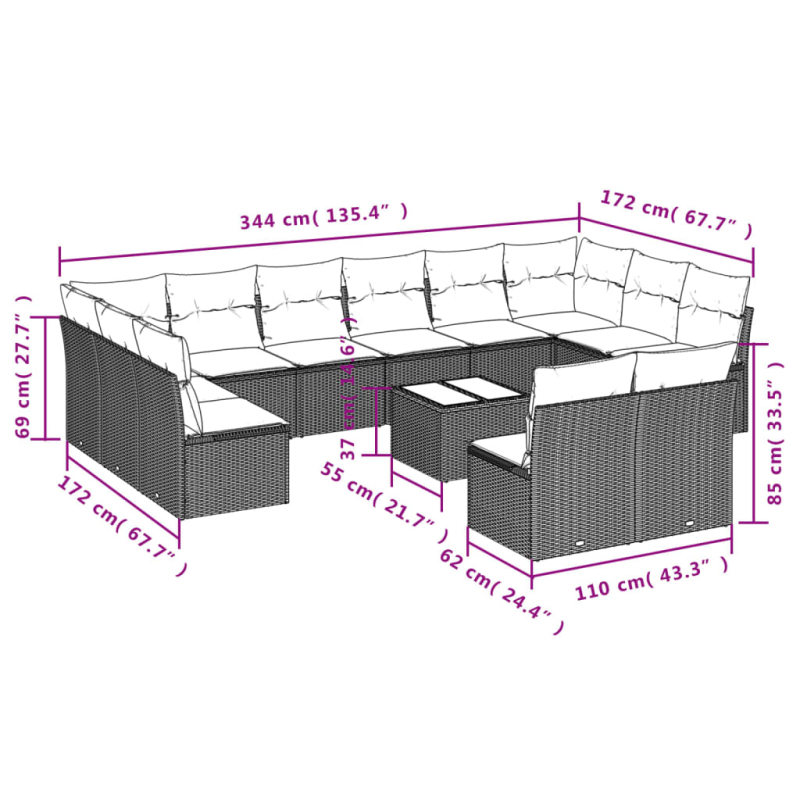13-tlg. Garten-Sofagarnitur mit Kissen Braun Poly Rattan