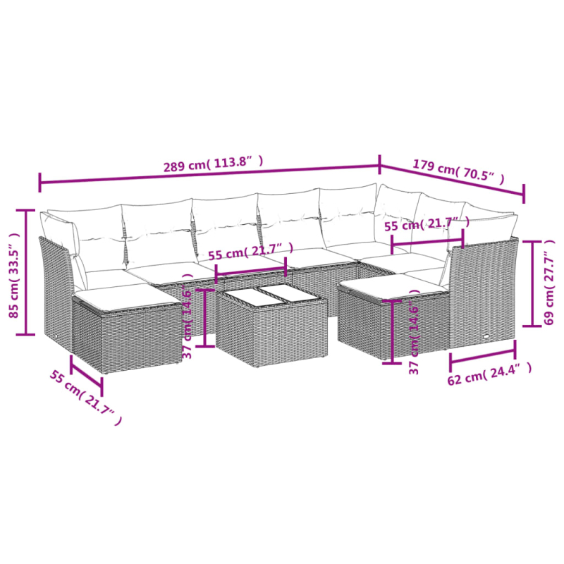 10-tlg. Garten-Sofagarnitur mit Kissen Braun Poly Rattan