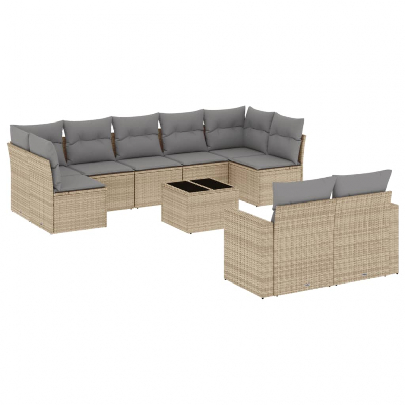 10-tlg. Garten-Sofagarnitur mit Kissen Beige Poly Rattan