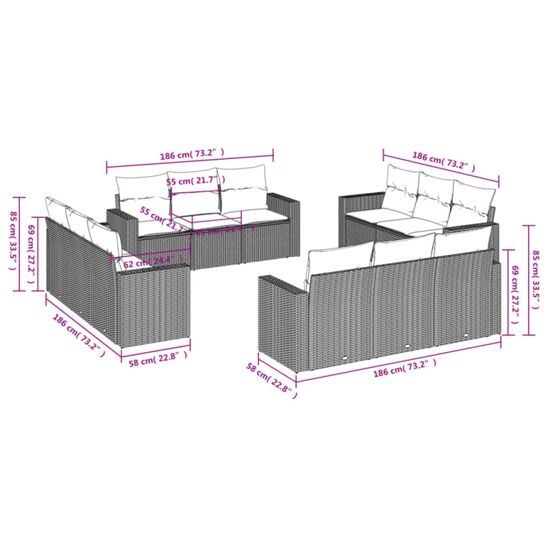 12-tlg. Garten-Sofagarnitur mit Kissen Grau Poly Rattan