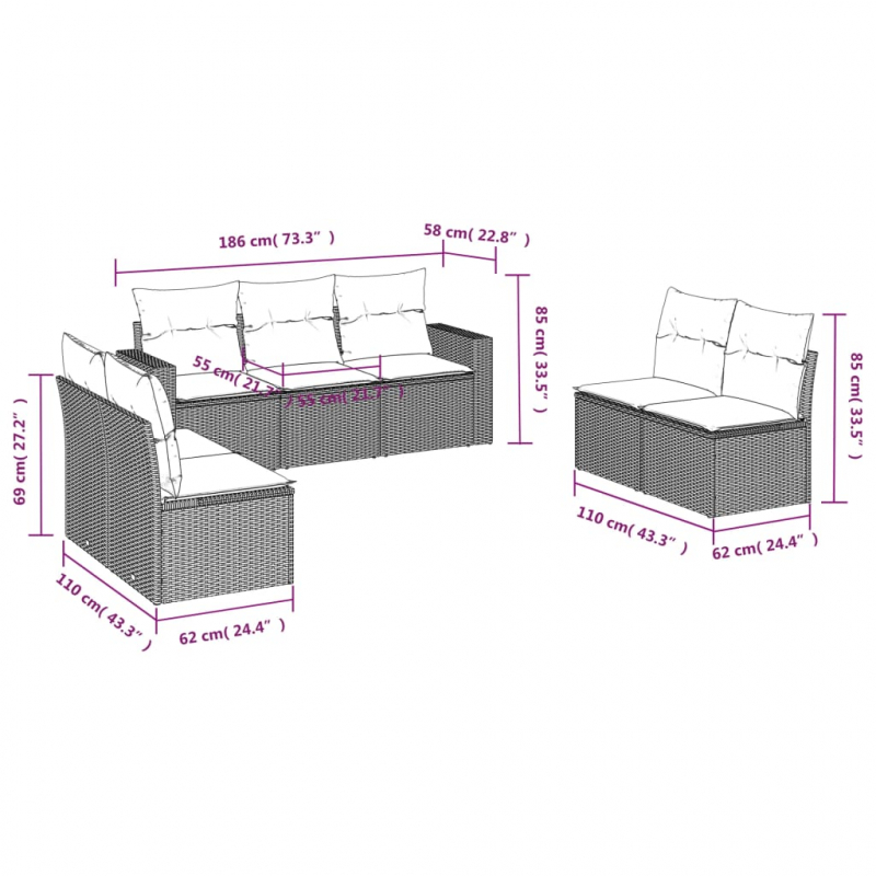 7-tlg. Garten-Sofagarnitur mit Kissen Grau Poly Rattan