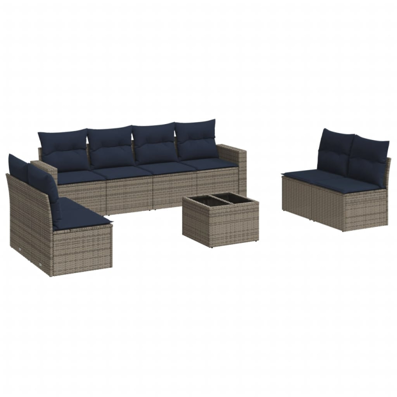 9-tlg. Garten-Sofagarnitur mit Kissen Grau Poly Rattan