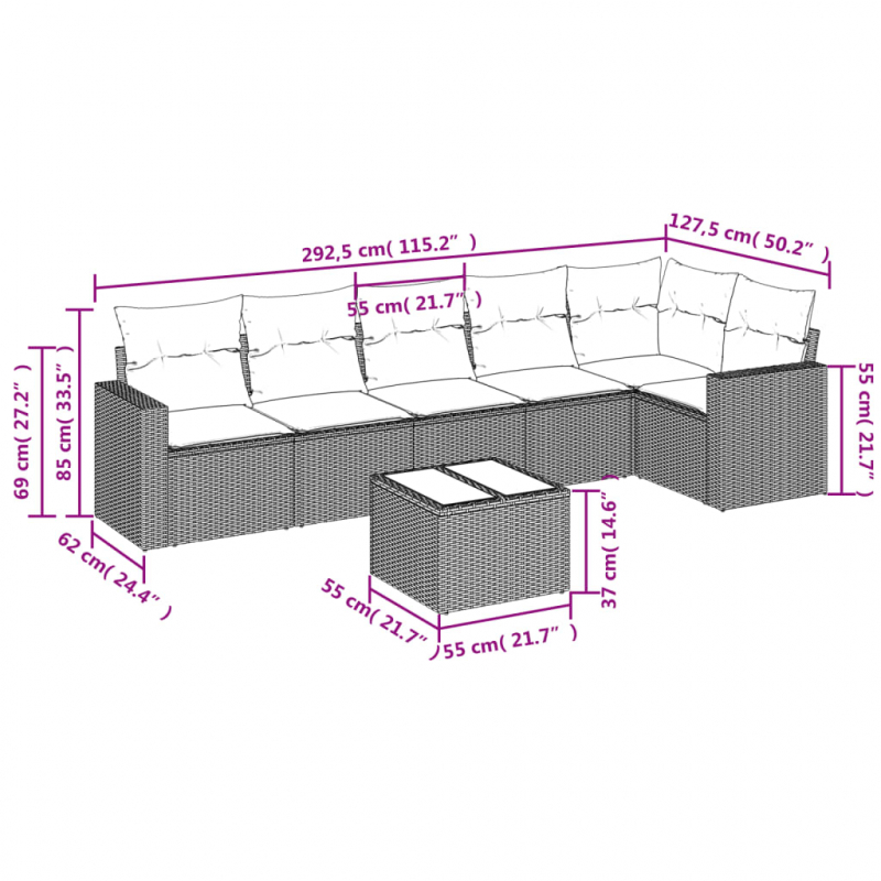 7-tlg. Garten-Sofagarnitur mit Kissen Grau Poly Rattan