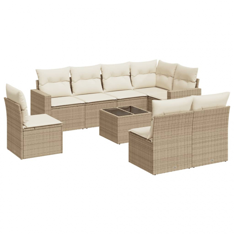 9-tlg. Garten-Sofagarnitur mit Kissen Beige Poly Rattan