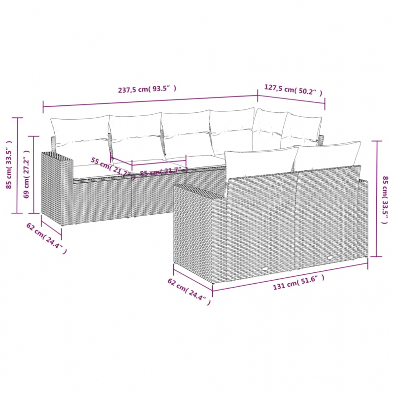 7-tlg. Garten-Sofagarnitur mit Kissen Grau Poly Rattan