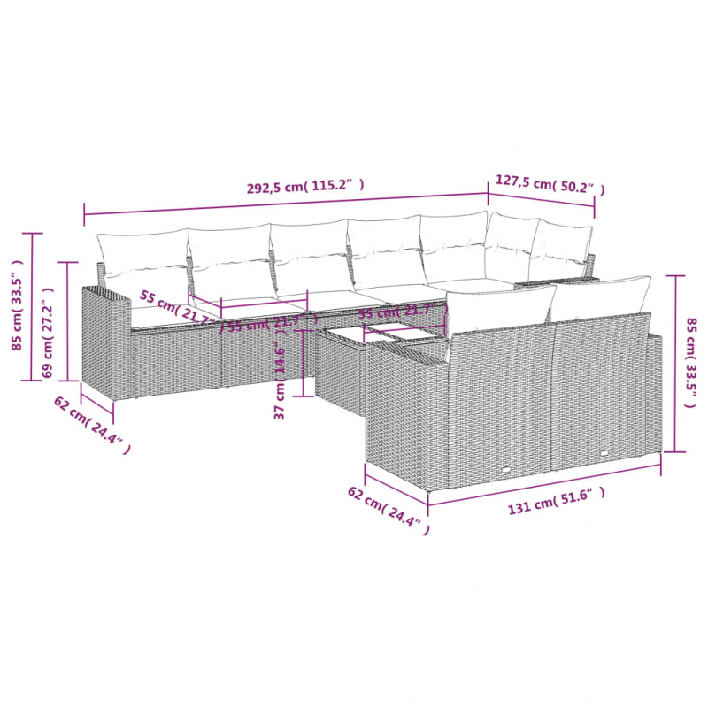 9-tlg. Garten-Sofagarnitur mit Kissen Schwarz Poly Rattan