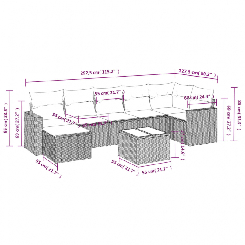 8-tlg. Garten-Sofagarnitur mit Kissen Schwarz Poly Rattan