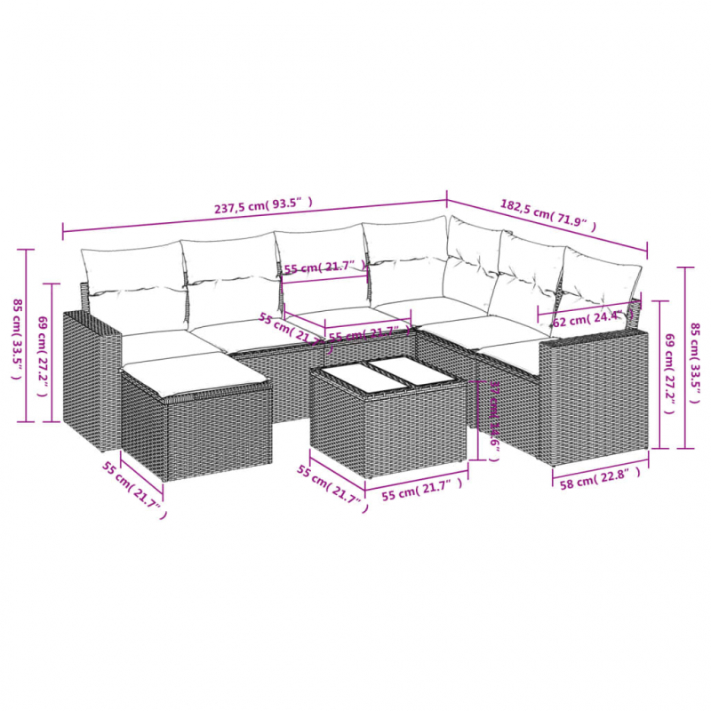 8-tlg. Garten-Sofagarnitur mit Kissen Schwarz Poly Rattan