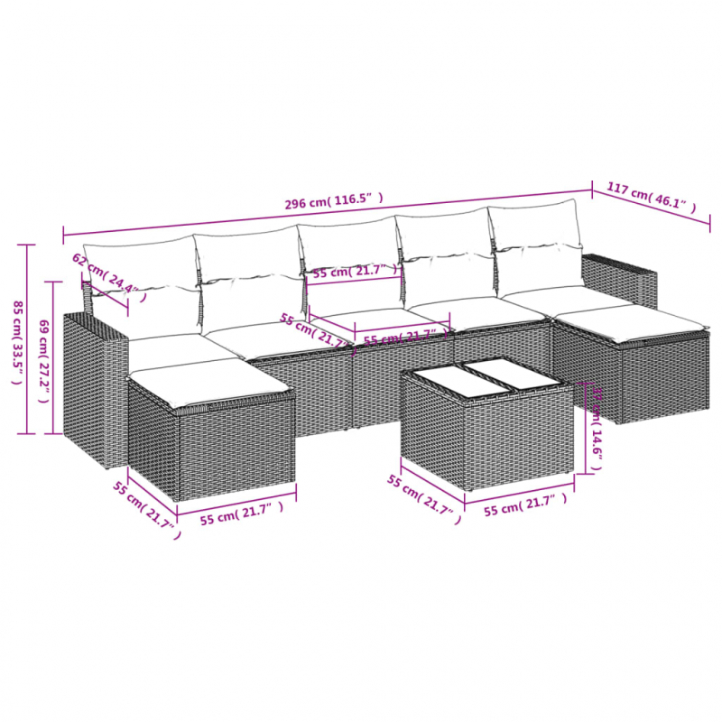 8-tlg. Garten-Sofagarnitur mit Kissen Grau Poly Rattan