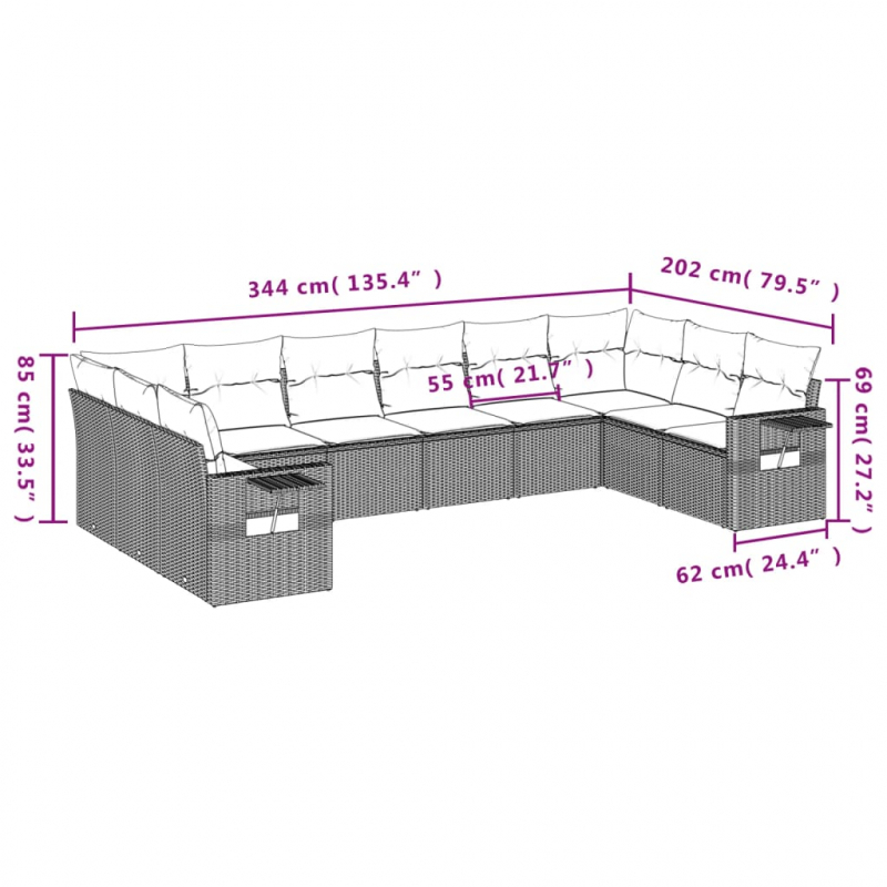 10-tlg. Garten-Sofagarnitur mit Kissen Schwarz Poly Rattan