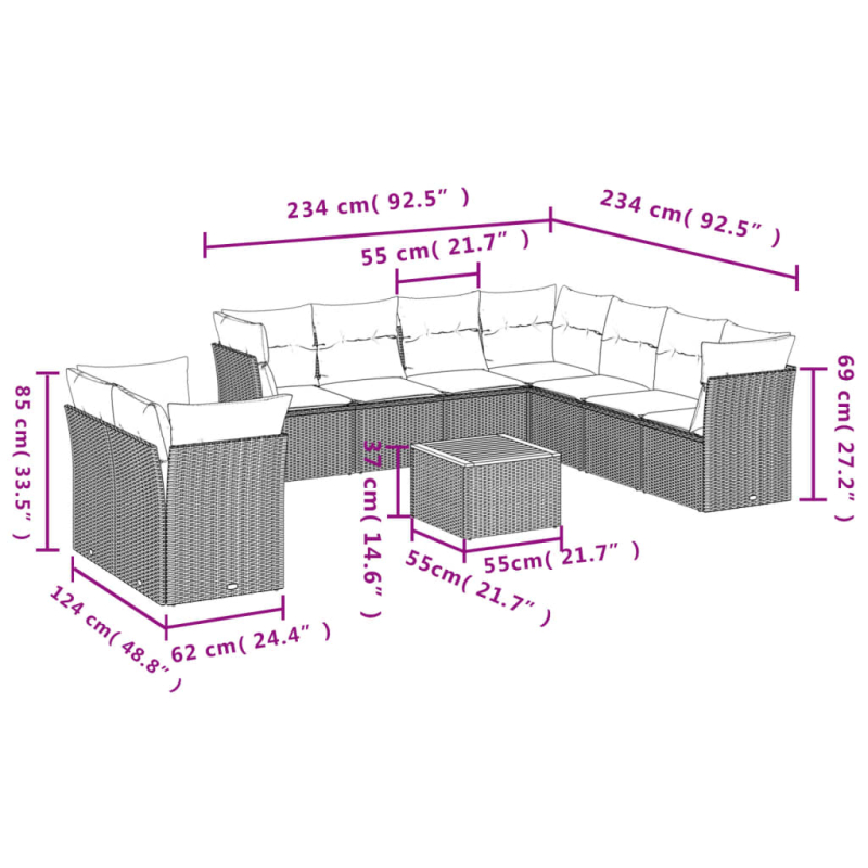 11-tlg. Garten-Sofagarnitur mit Kissen Grau Poly Rattan