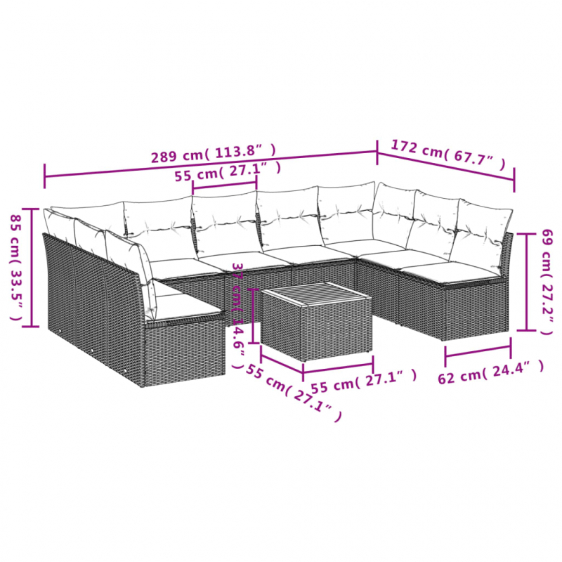 10-tlg. Garten-Sofagarnitur mit Kissen Schwarz Poly Rattan