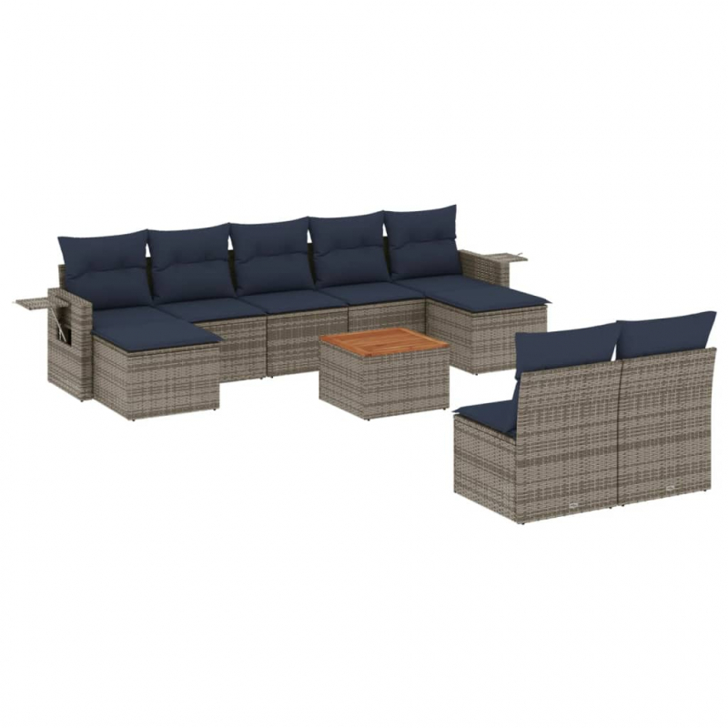 10-tlg. Garten-Sofagarnitur mit Kissen Grau Poly Rattan