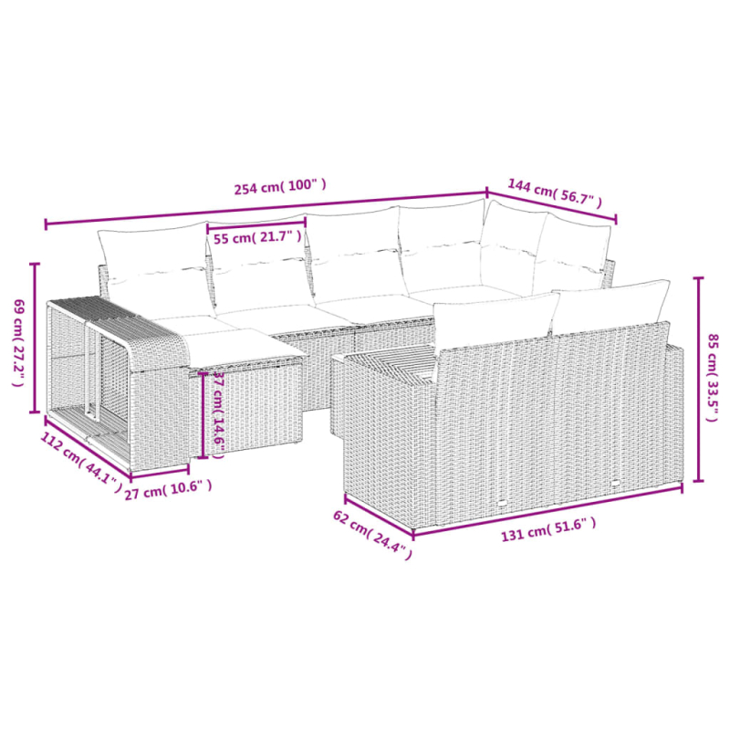 11-tlg. Garten-Sofagarnitur mit Kissen Grau Poly Rattan
