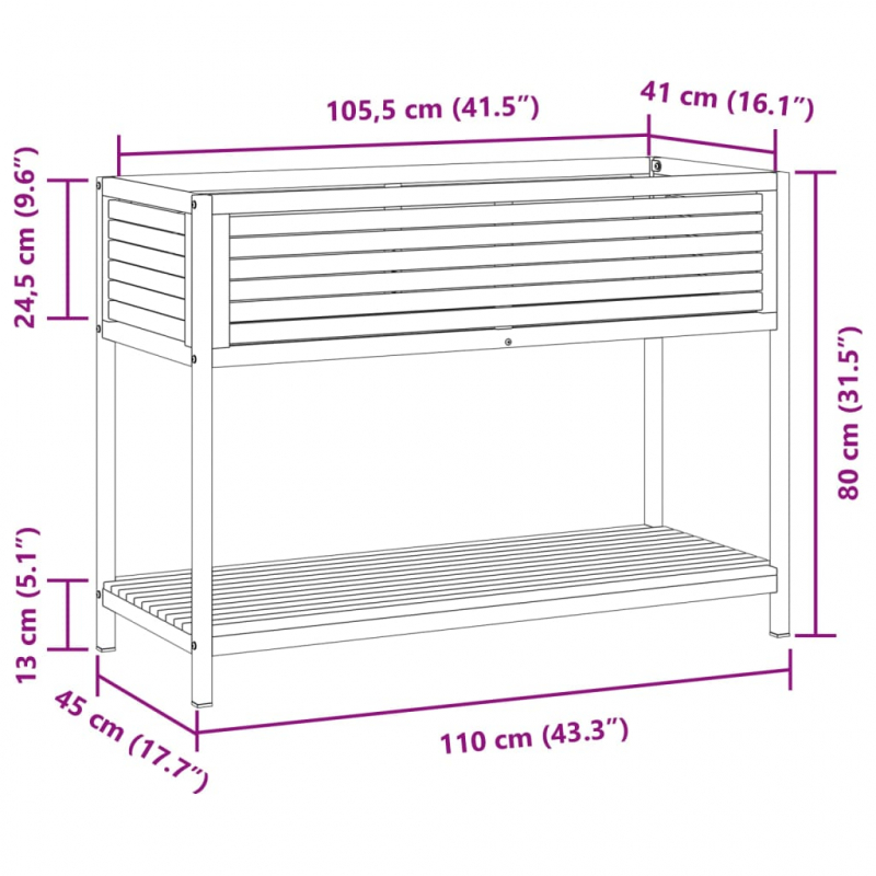 Pflanzkübel mit Ablage 110x45x80 cm Massivholz Akazie und Stahl