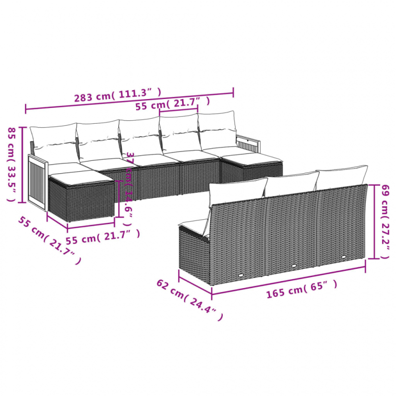 10-tlg. Garten-Sofagarnitur mit Kissen Schwarz Poly Rattan