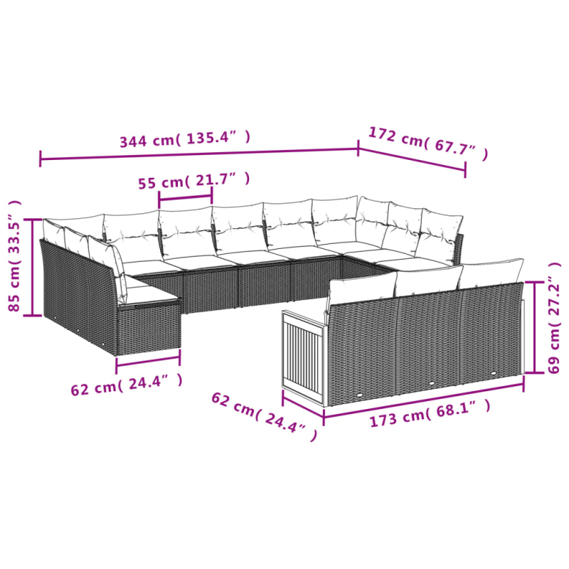 13-tlg. Garten-Sofagarnitur mit Kissen Grau Poly Rattan