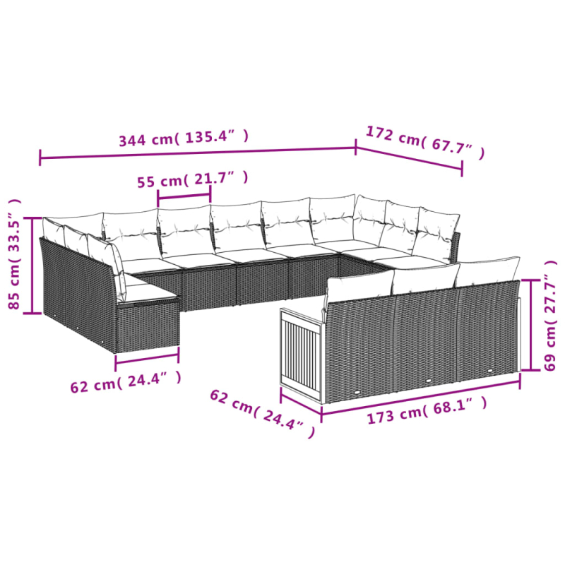 13-tlg. Garten-Sofagarnitur mit Kissen Grau Poly Rattan