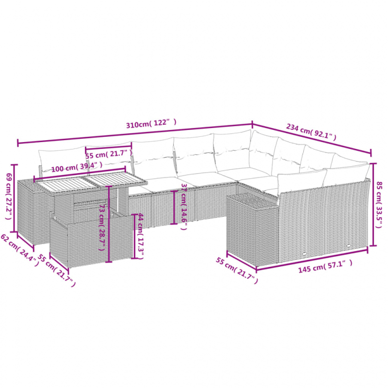 10-tlg. Garten-Sofagarnitur mit Kissen Schwarz Poly Rattan