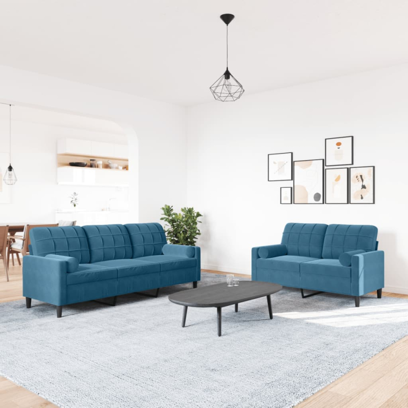 2-tlg. Sofagarnitur mit Kissen und Nackenrollen Blau Samt