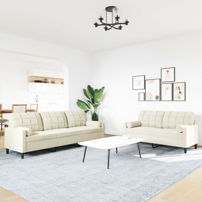 2-tlg. Sofagarnitur mit Kissen und Nackenrollen Creme Samt