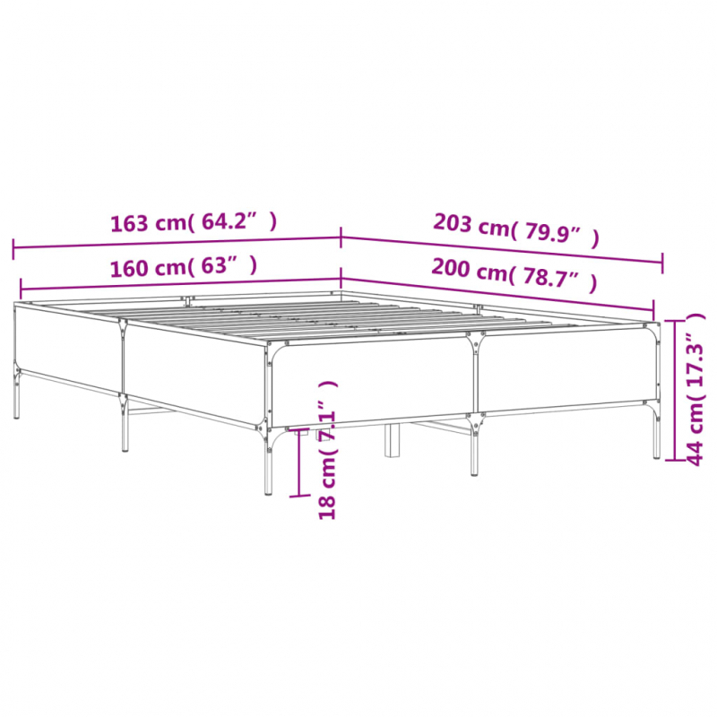 Bettgestell Grau Sonoma 160x200 cm Holzwerkstoff und Metall