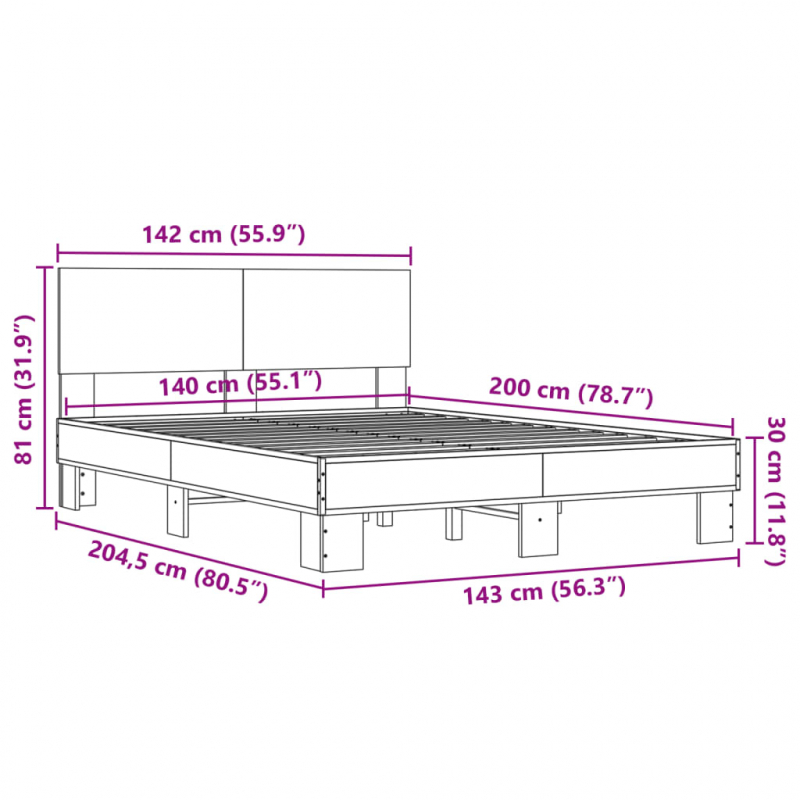 Bettgestell Grau Sonoma 140x200 cm Holzwerkstoff und Metall