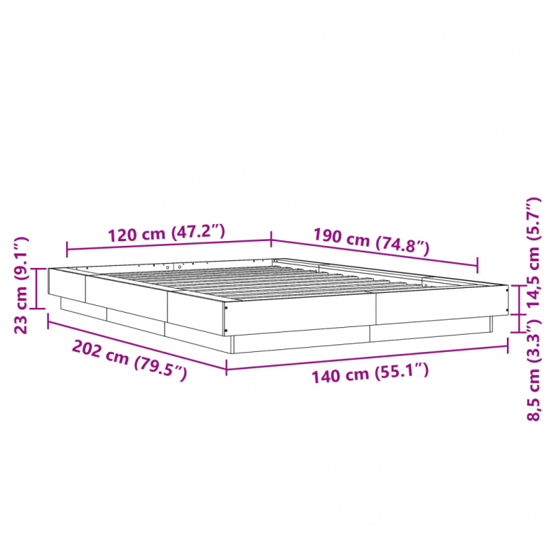 Bettgestell Betongrau 120x190 cm Holzwerkstoff