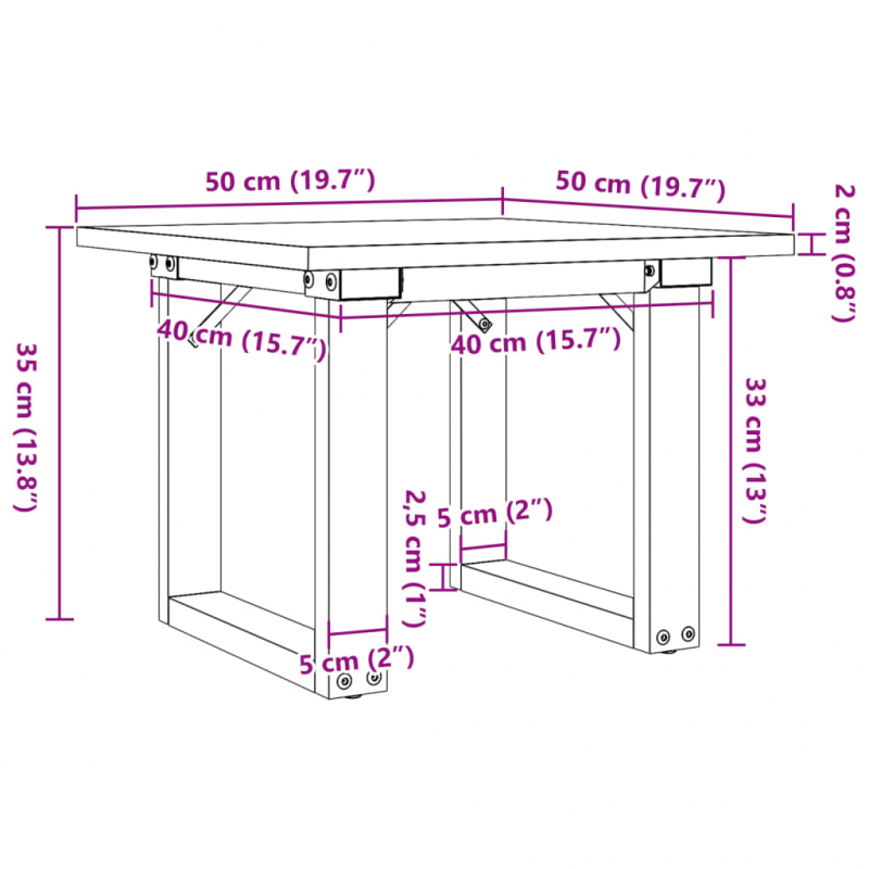 Couchtisch O-Gestell 50x50x35cm Massivholz Kiefer und Stahl