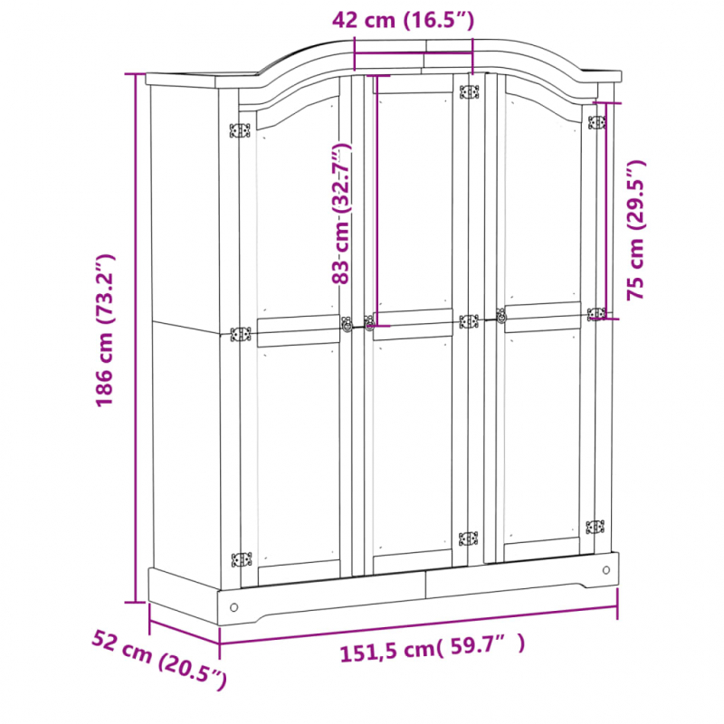 Kleiderschrank Corona Weiß 151,5x52x186 cm Massivholz Kiefer