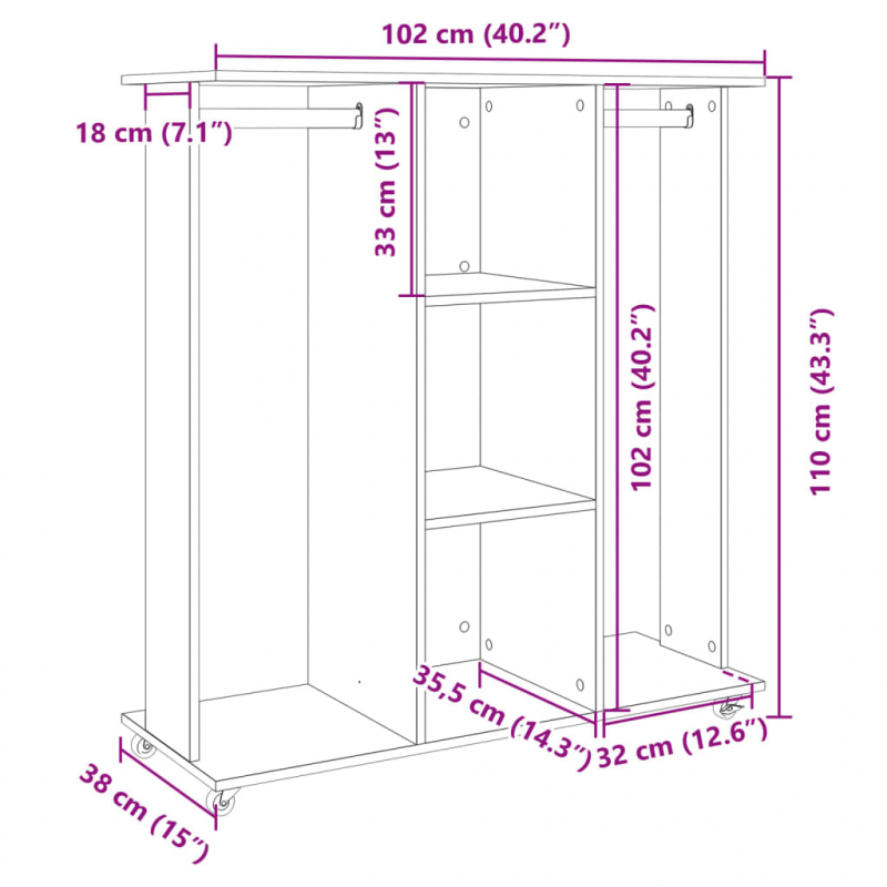 Kleiderschrank mit Rollen Weiß 102x38x110 cm Holzwerkstoff