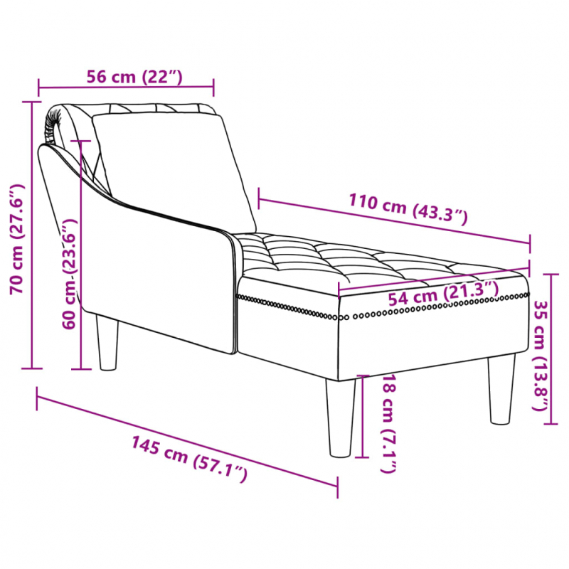 Chaiselongue mit Kissen und Rechter Armlehne Hellgrau Samt