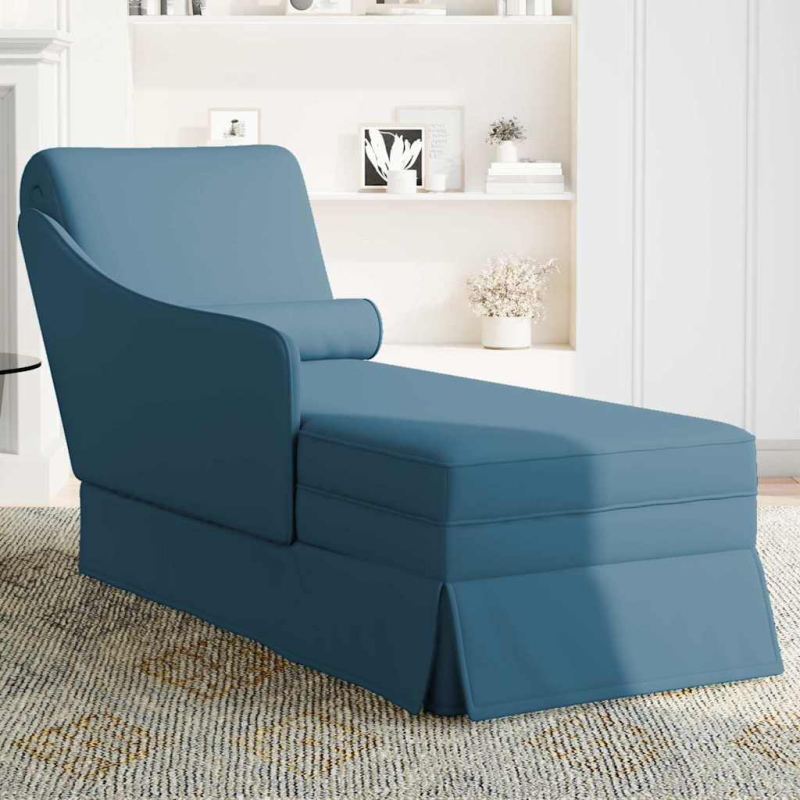 Chaiselongue mit Nackenrolle und Rechter Armlehne Blau Samt