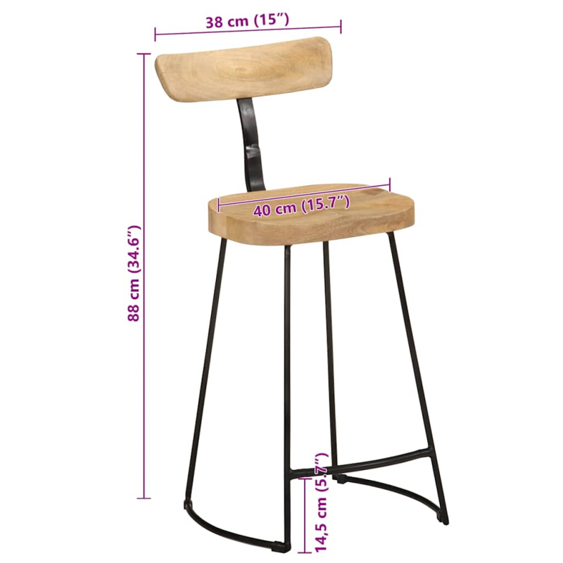 Barhocker 2 Stk. 49x43x88 cm Mango Massivholz