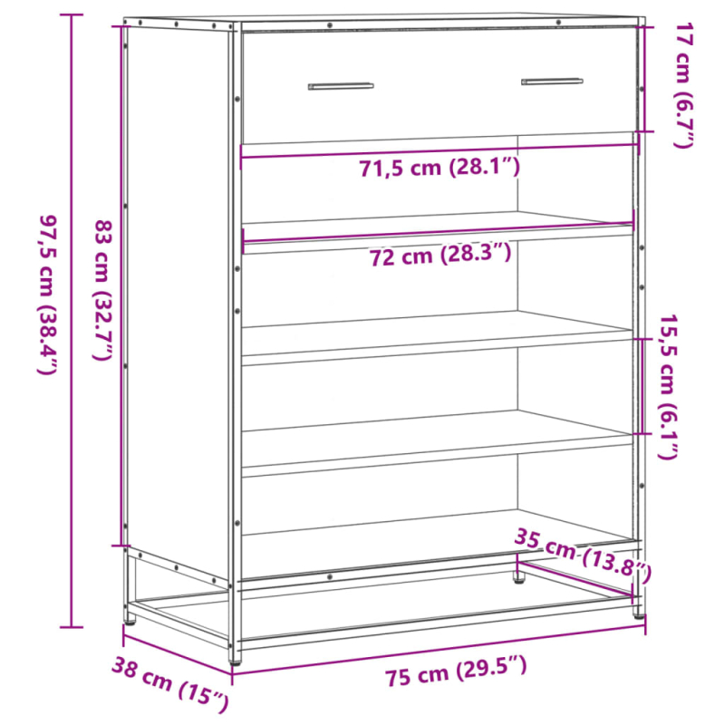 Schuhschrank Eichen-Optik 75x38x97,5 cm Holzwerkstoff Metall