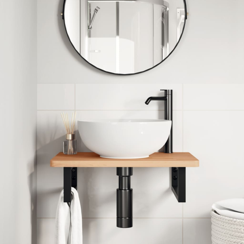 Waschbeckenregal Wandmontage Stahl und Massivholz Buche