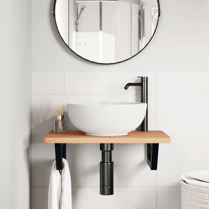 Waschbeckenregal Wandmontage Stahl und Massivholz Buche