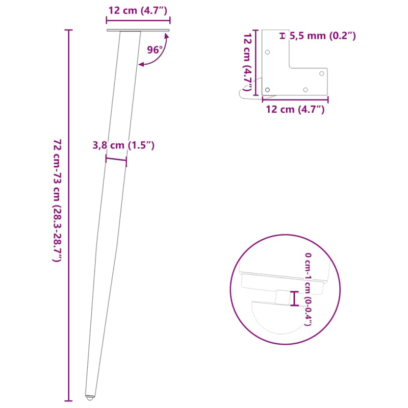 Couchtischbeine Konische Form 4 Stk. Schwarz 72-73 cm Stahl