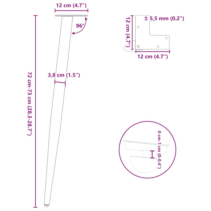 Couchtisch Beine Konische Form 4 Stück Naturstahl 72-73cm Stahl