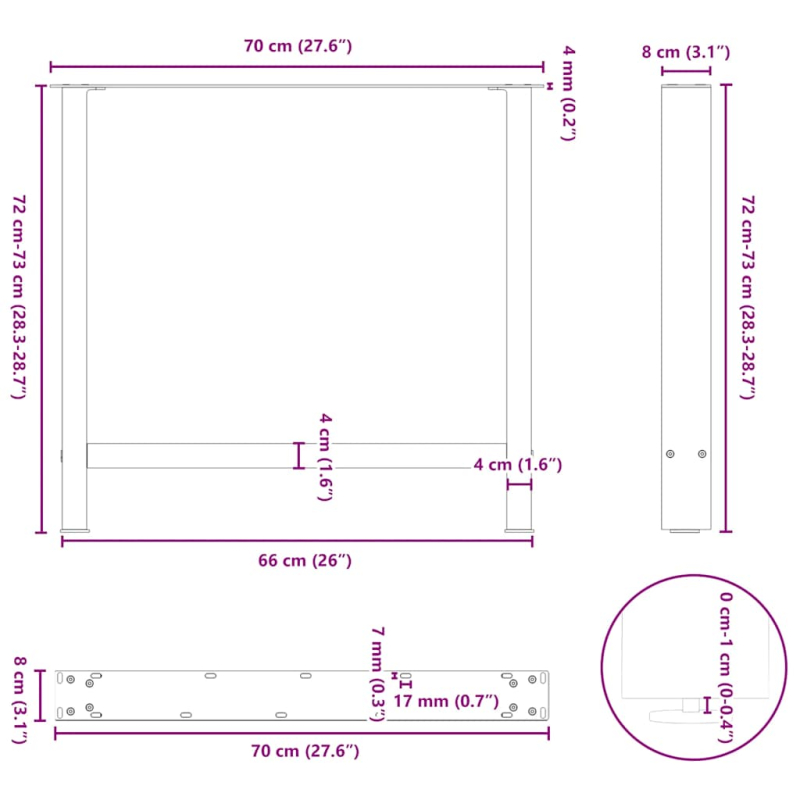 Couchtischbeine Weiß 2 Stk. 70x(72-73) cm Stahl